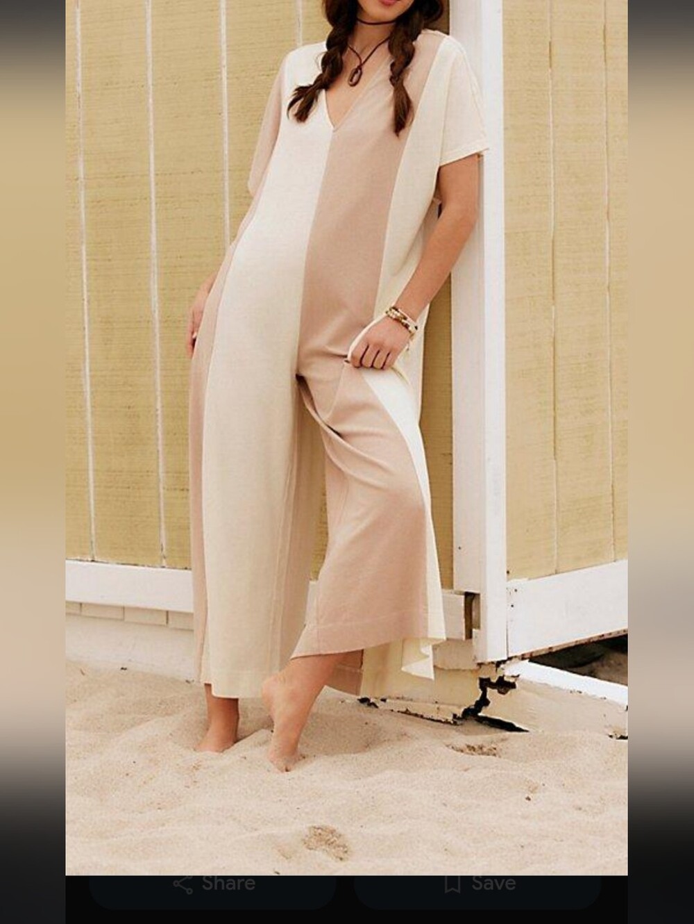 Free People Two-Tone V-Neck Wide-Leg Jumpsuit in Cream & Tan